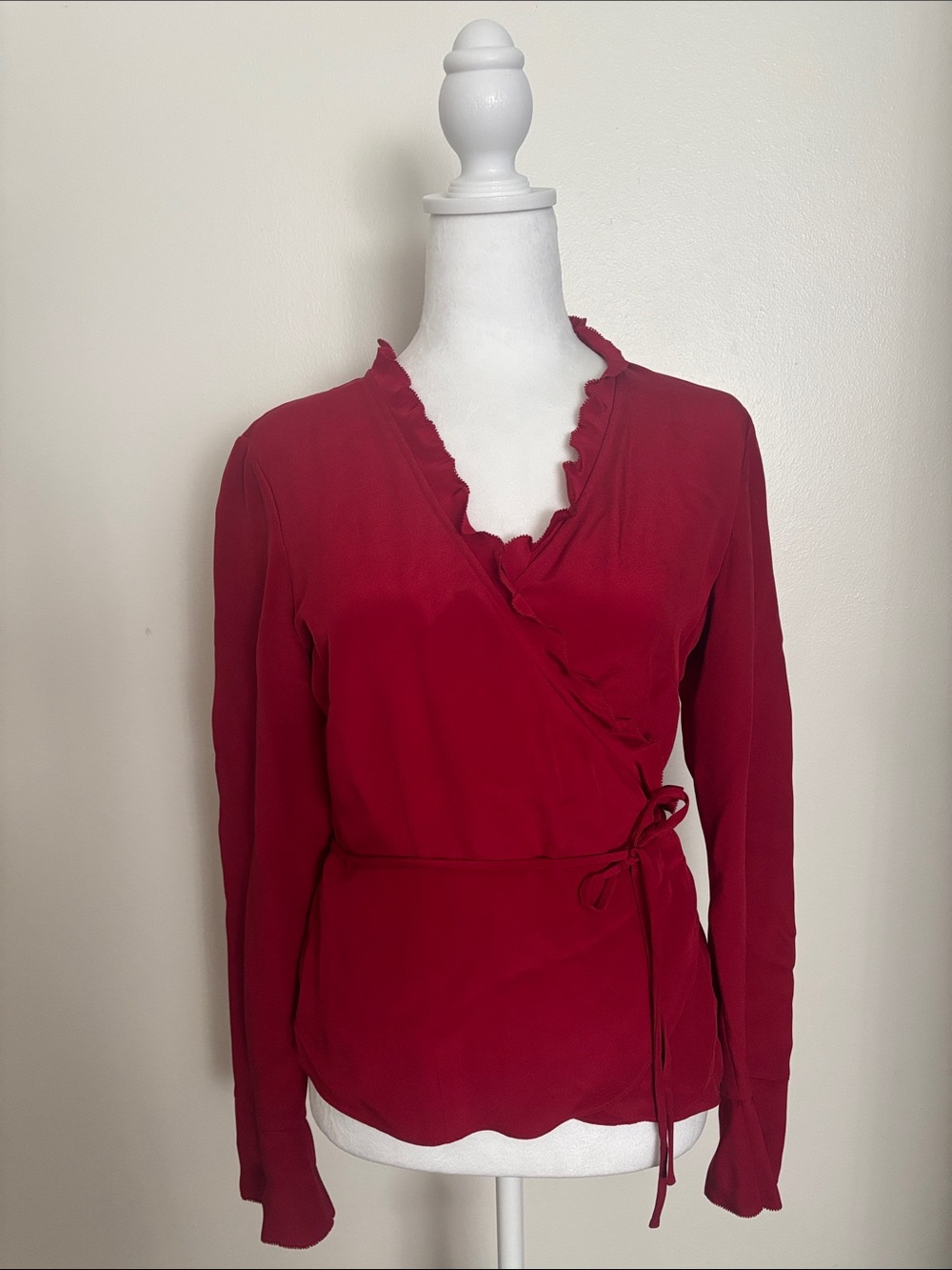Ann Taylor Ruffled Wrap Blouse in Crimson Red